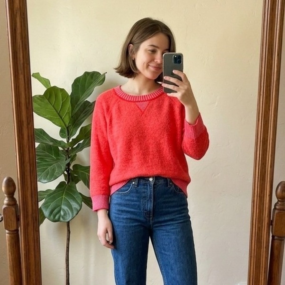 J.Crew Italian Cashmere Sweater Womens Medium Red Pink‎ Colorblock Raglan Crew